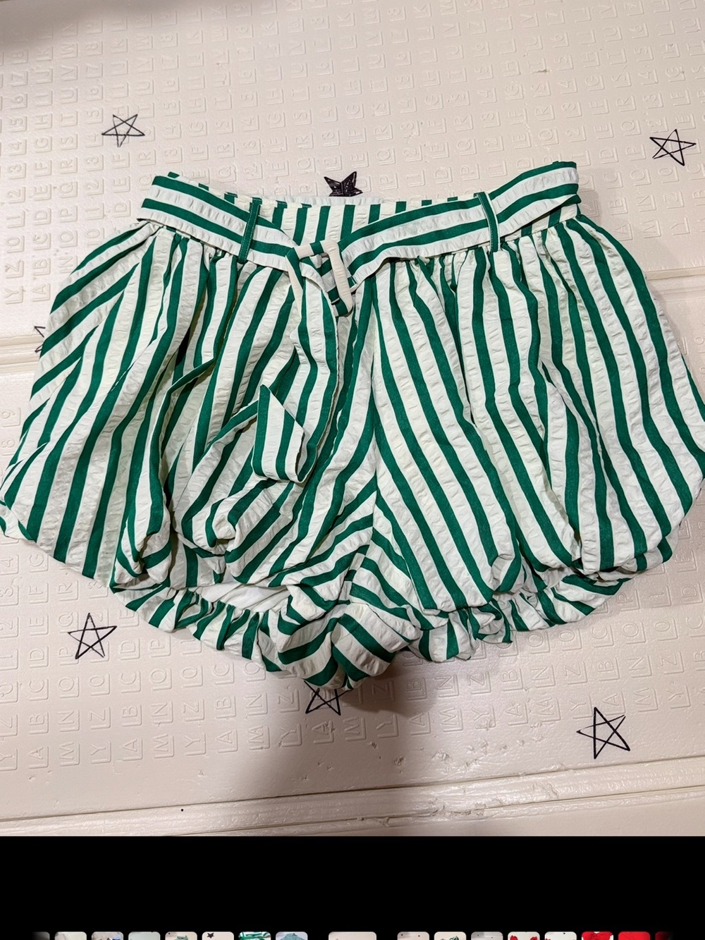 Green and White High-Waist Striped Bubble Shorts